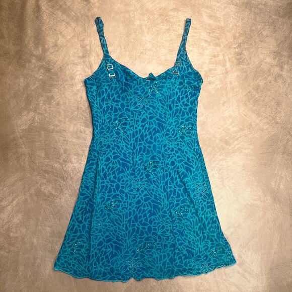 Vintage Y2K Tropical Tantrum Floral Leaf Print Beaded Sequin Mini Dress Blue - Picture 9 of 12